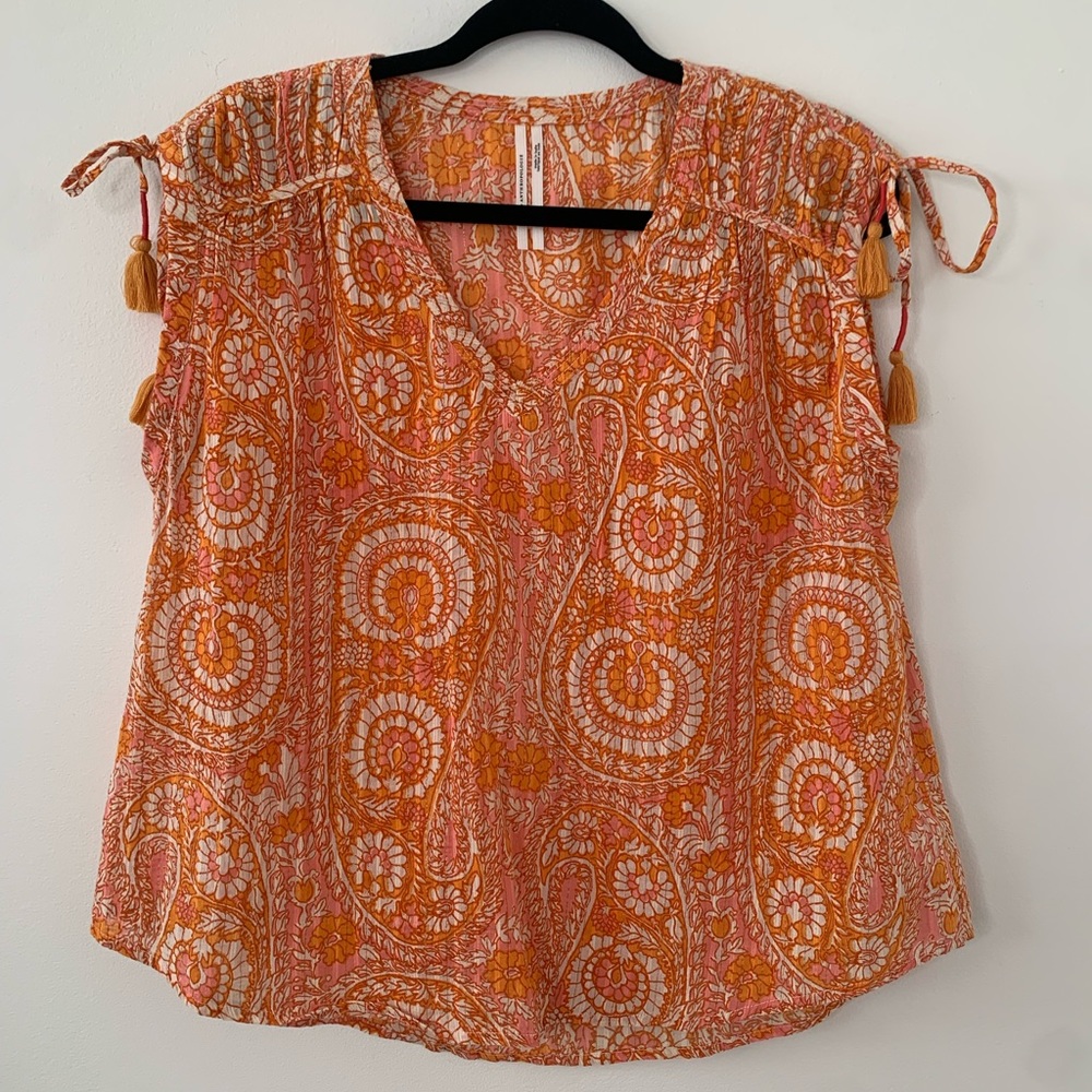 Anthropologie Shirred Cap Sleeve Tassel Blouse - Picture 5 of 8